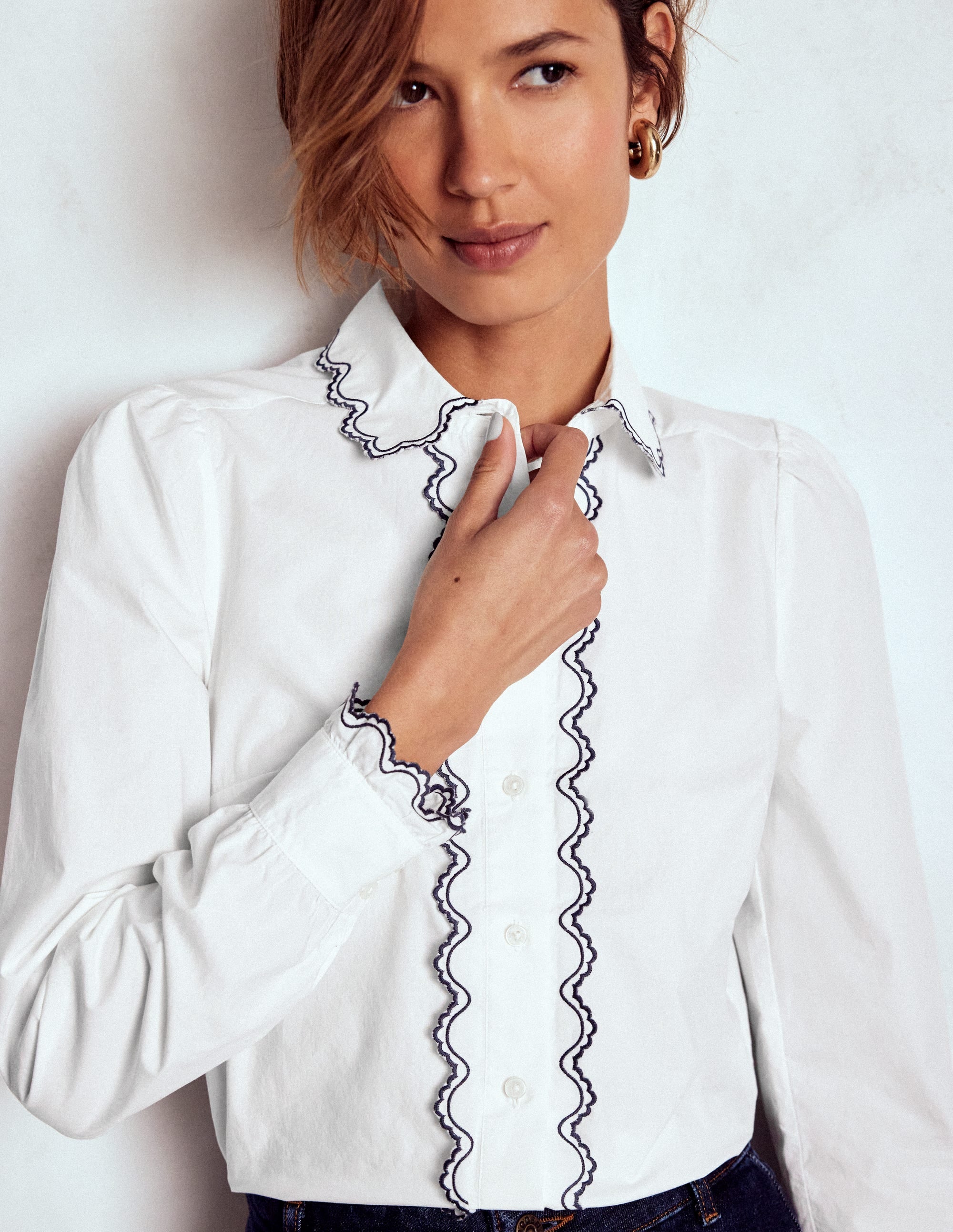 Embroidered Cotton Shirt-White, Navy Embroidery - Image 5