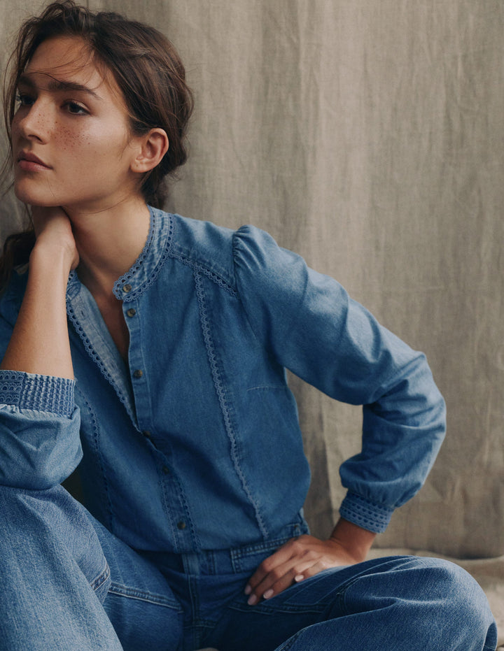 Rhea Denim-Oberteil mit Besatz-Ausgeblichene Optik