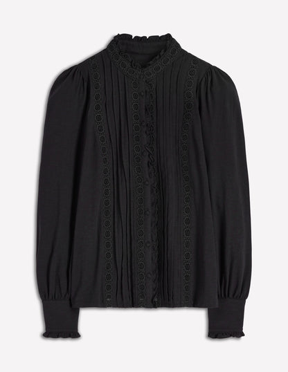 Lace Detail Jersey Shirt-Black-5