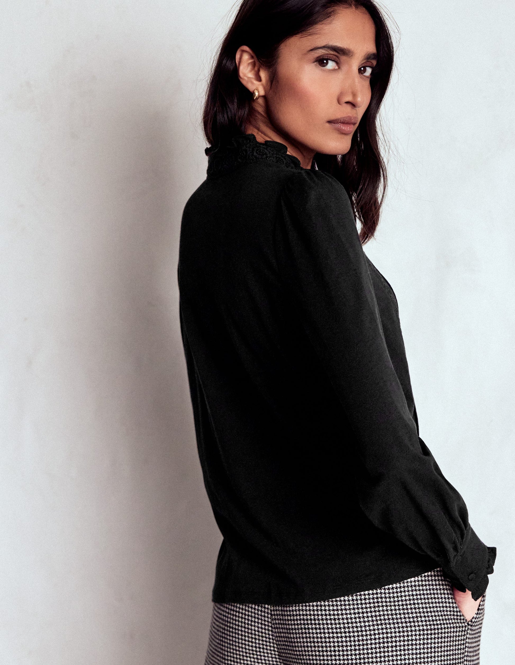 Lace Detail Jersey Shirt-Black-3