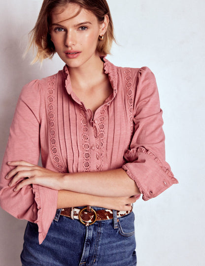 Lace Detail Jersey Shirt-Vintage Rose-2