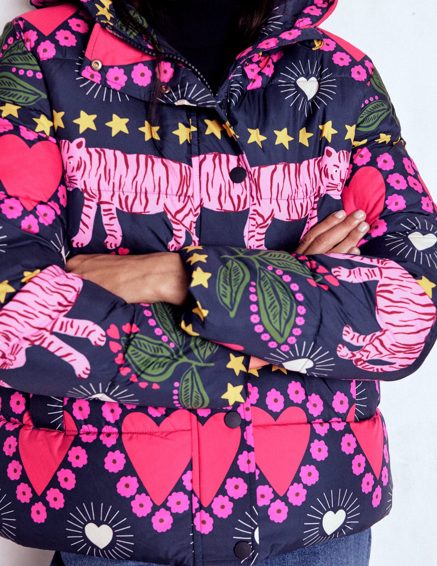 Wattierte Steppjacke-Französisches Marineblau, Verziert, Tiger