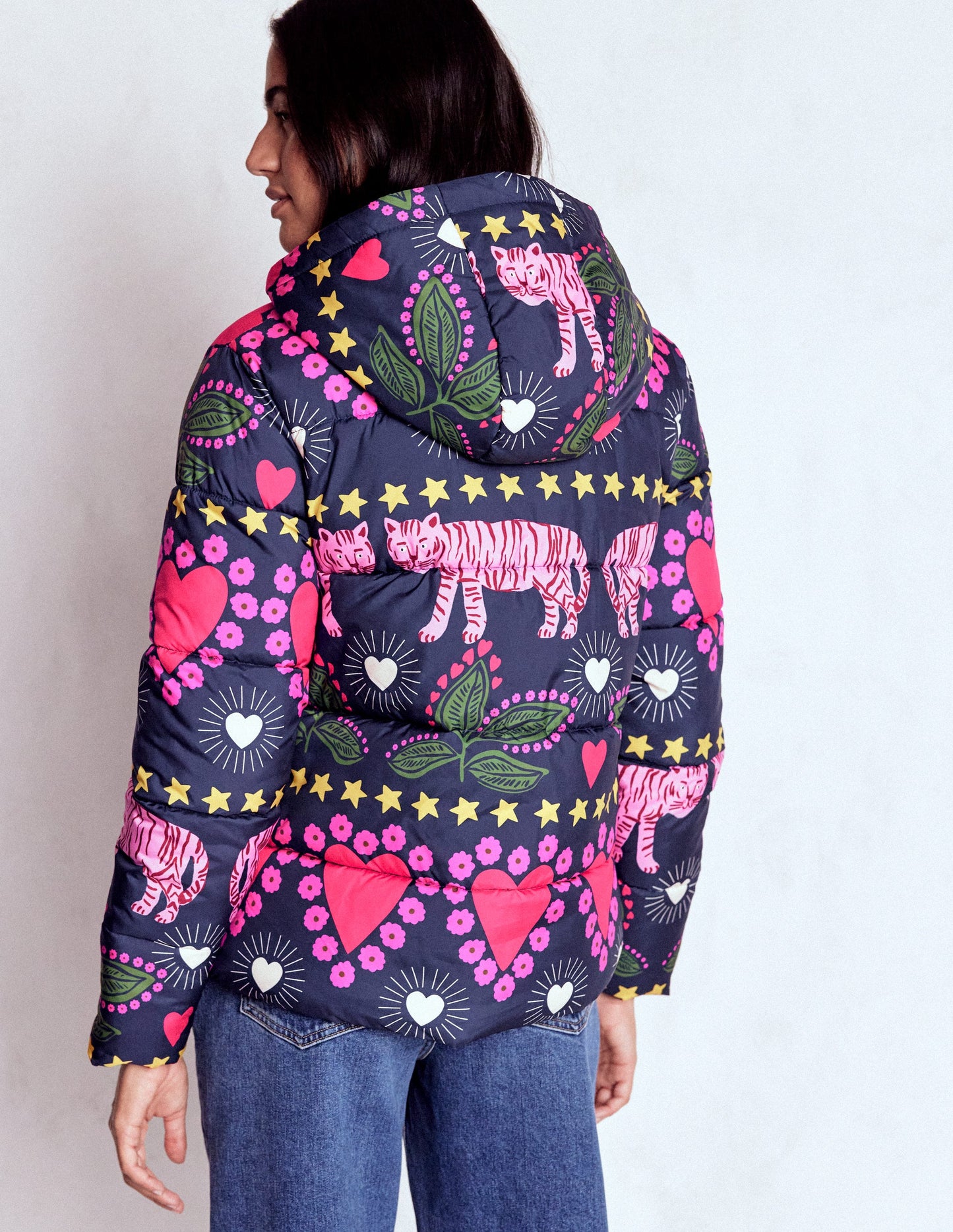 Wattierte Steppjacke-Französisches Marineblau, Verziert, Tiger