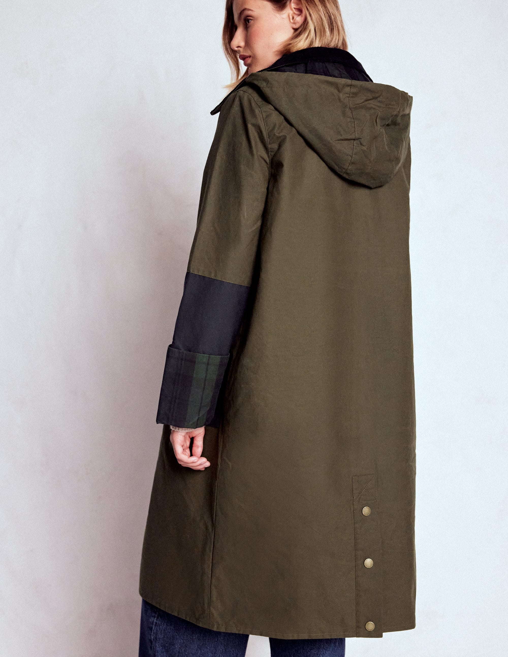 Langer gewachster Mantel-Marineblau Khaki Blockfarben - Image 3