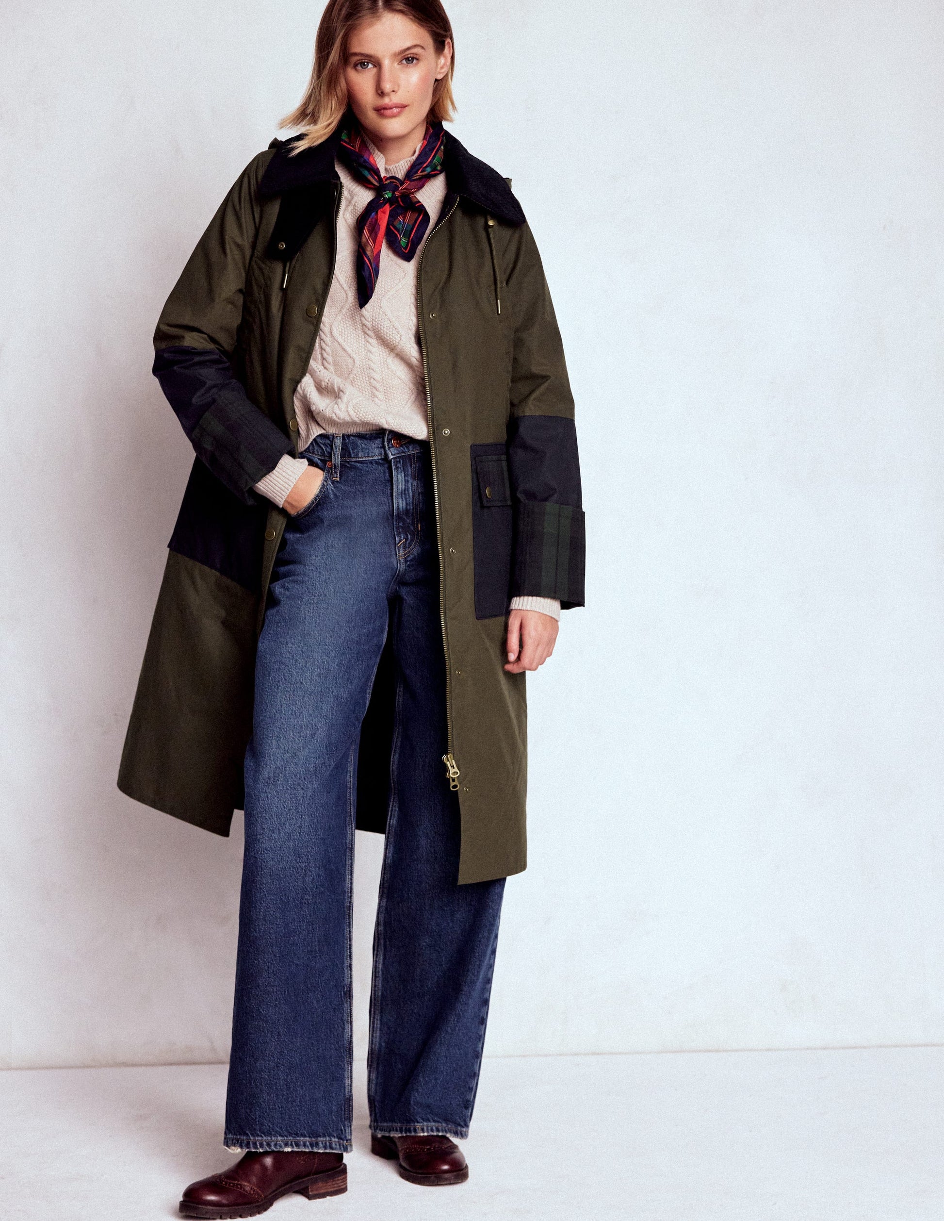 Longline Wax Coat-Navy Khaki Colourblock-5
