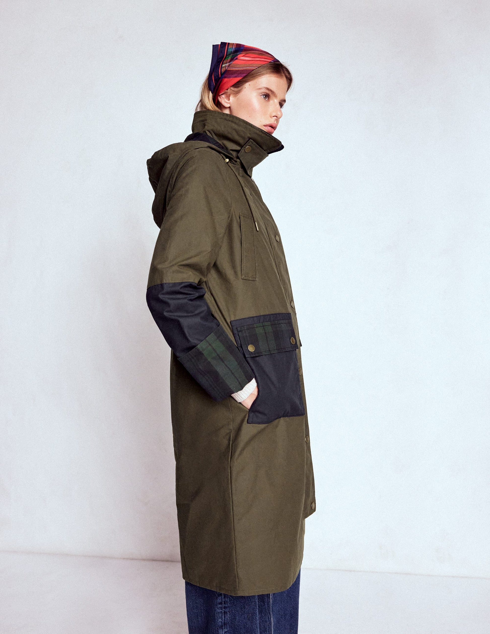 Longline Wax Coat-Navy Khaki Colourblock-9