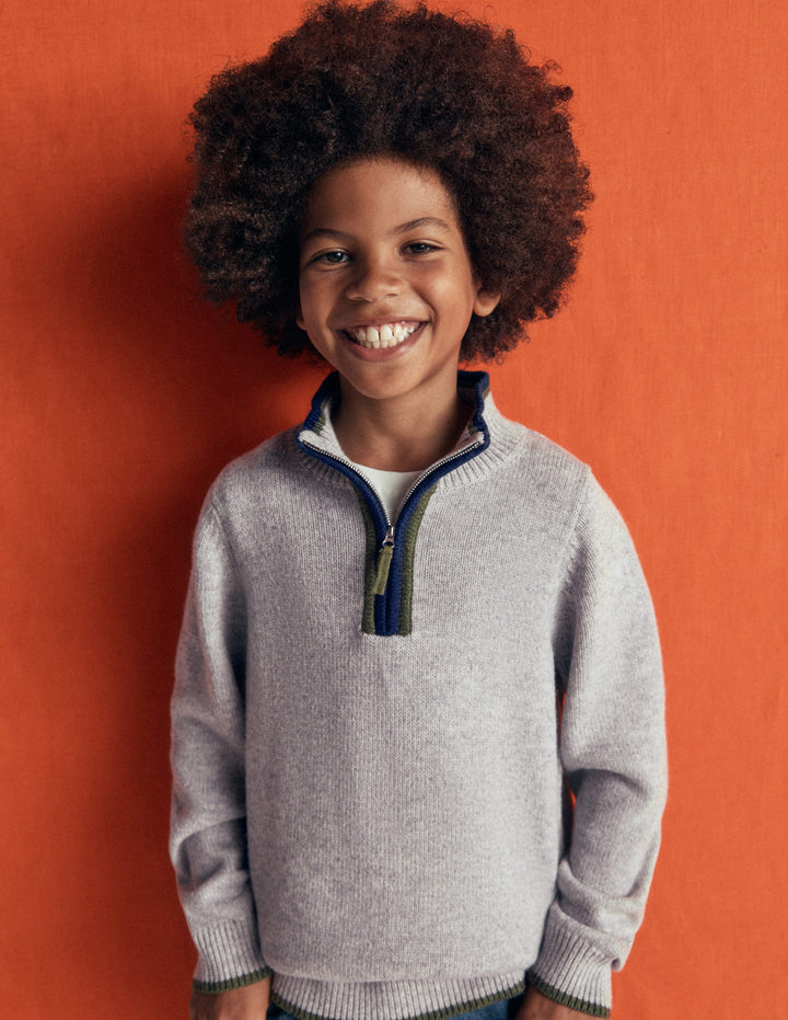 Klassischer Pullover mit halblangem Reißverschluss-Grau Meliert