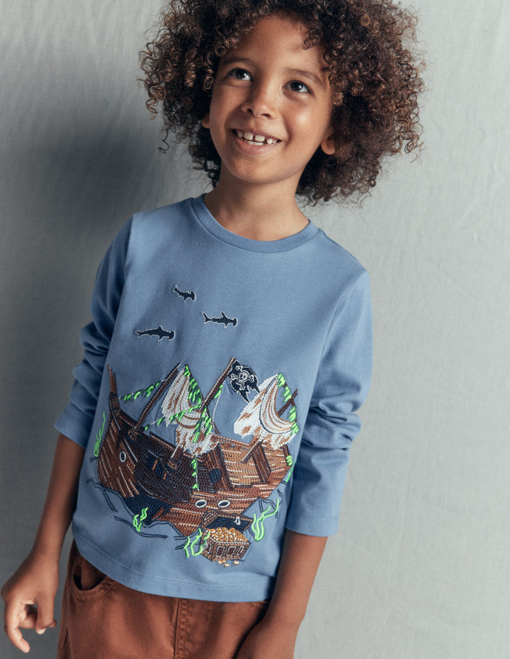 Im Dunkeln leuchtendes T-Shirt mit Superstitch-Blau Aura Schiffswrack