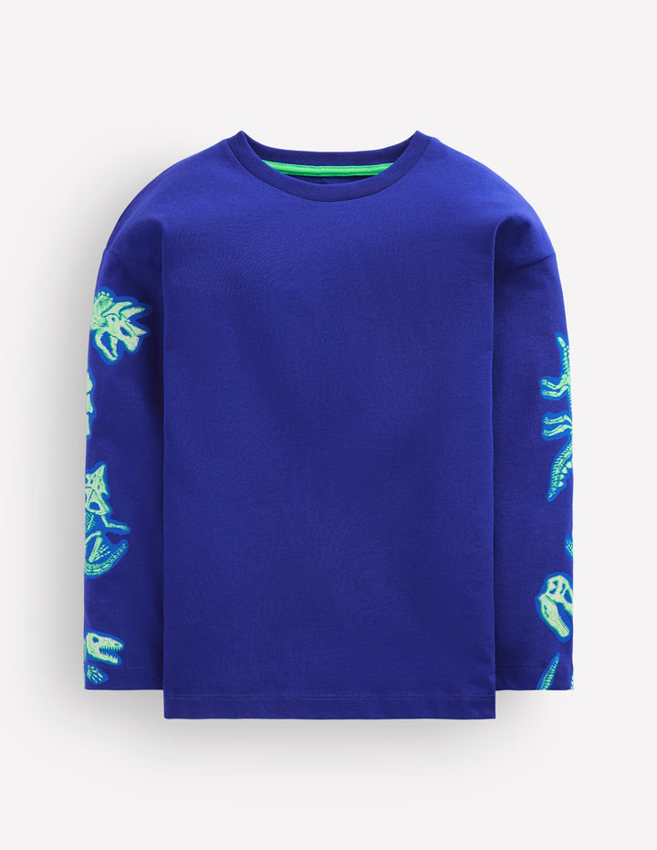 Langarmshirt mit im Dunkeln leuchtender Grafik vorn und hinten-Leuchtendes Blau Dinos