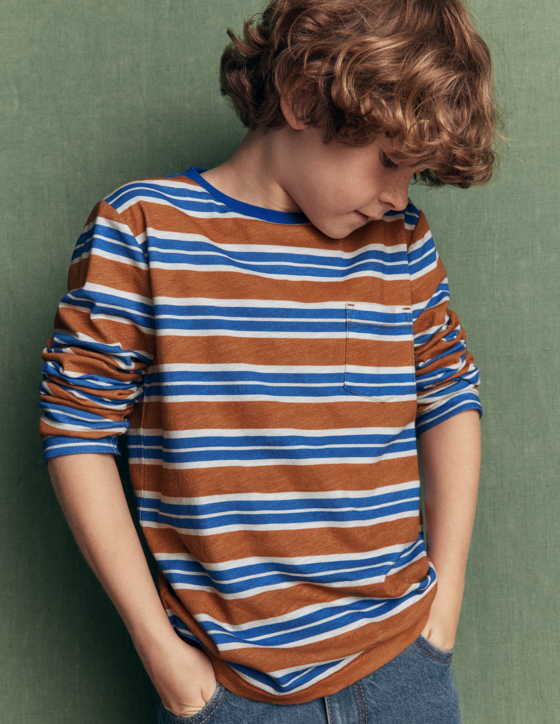T-shirt pour tous les jours à manches longues-Marron/bleu galerie-1
