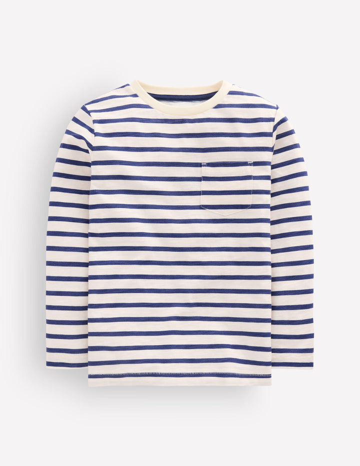 T-shirt pour tous les jours à manches longues-Ivoire doux/bleu marine universitaire