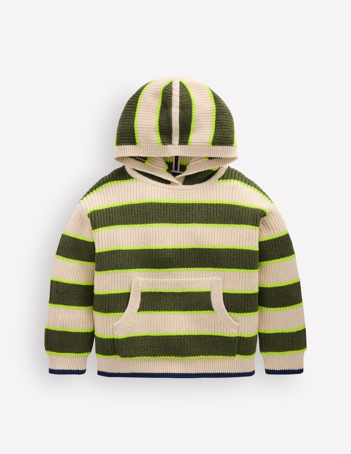 Grobstrick-Kapuzenpullover aus Baumwolle-Haferbeige/Grün Streifen