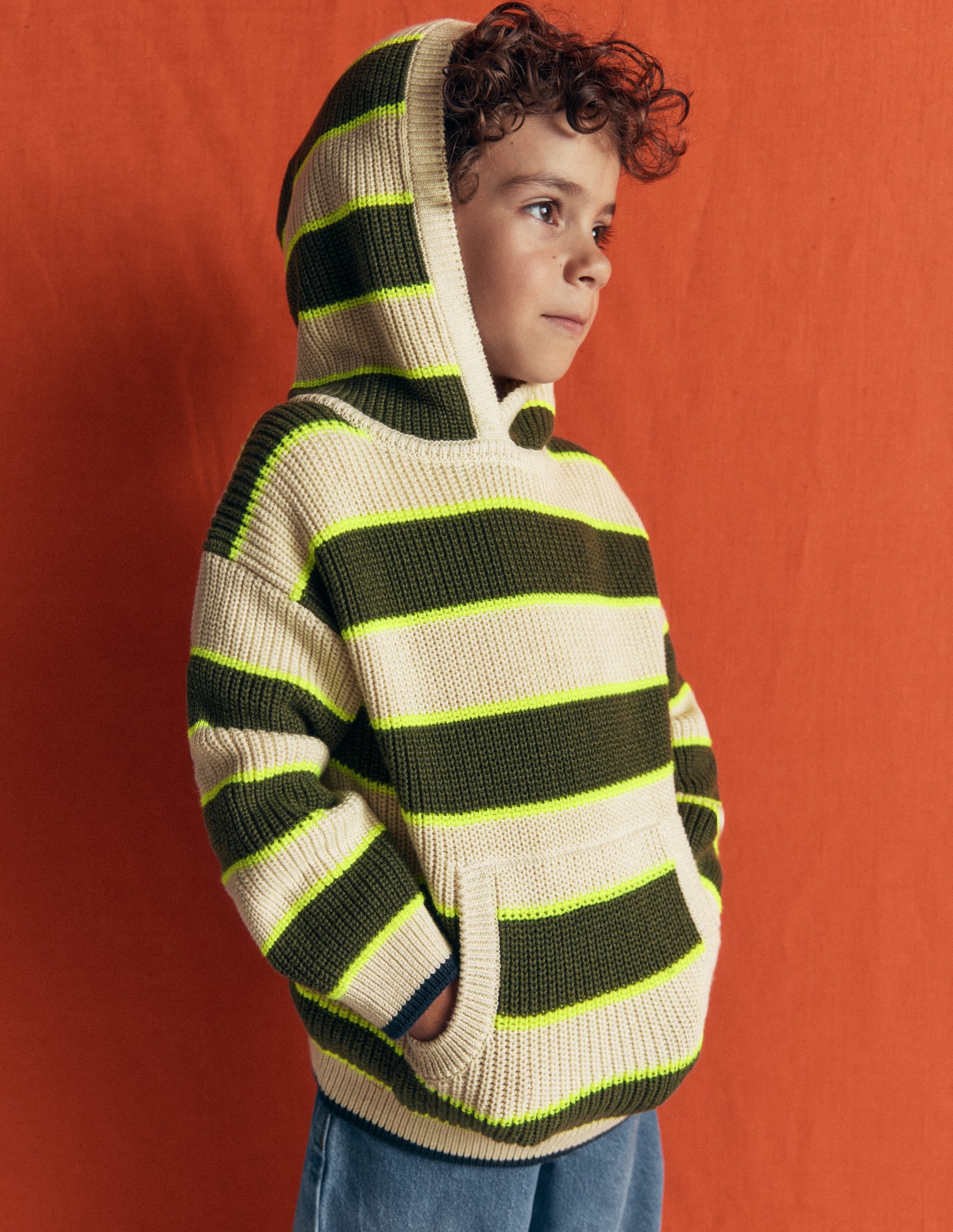 Gestrickter Kapuzenpullover-Haferbeige/Grün Streifen - Image 2