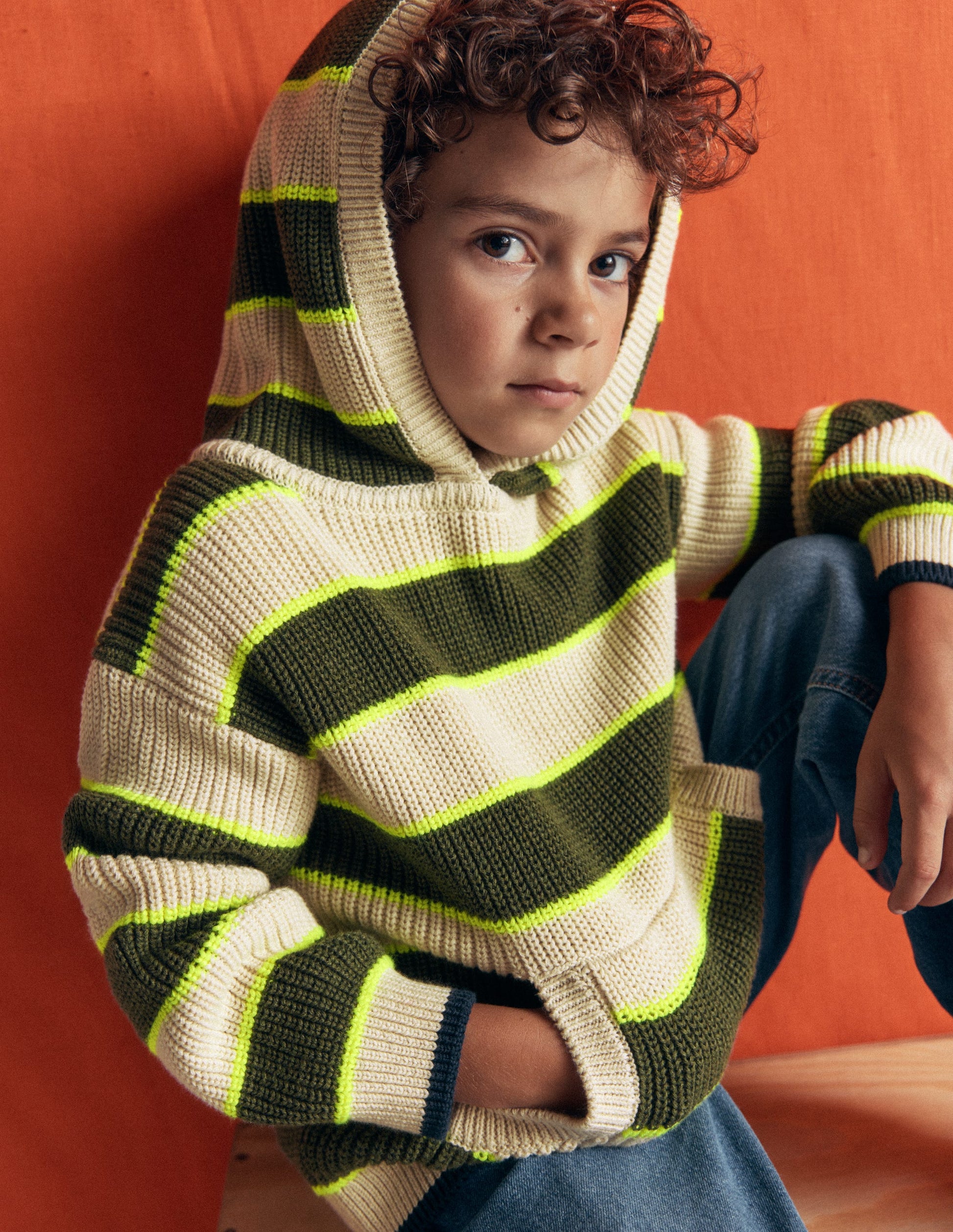 Gestrickter Kapuzenpullover-Haferbeige/Grün Streifen-3