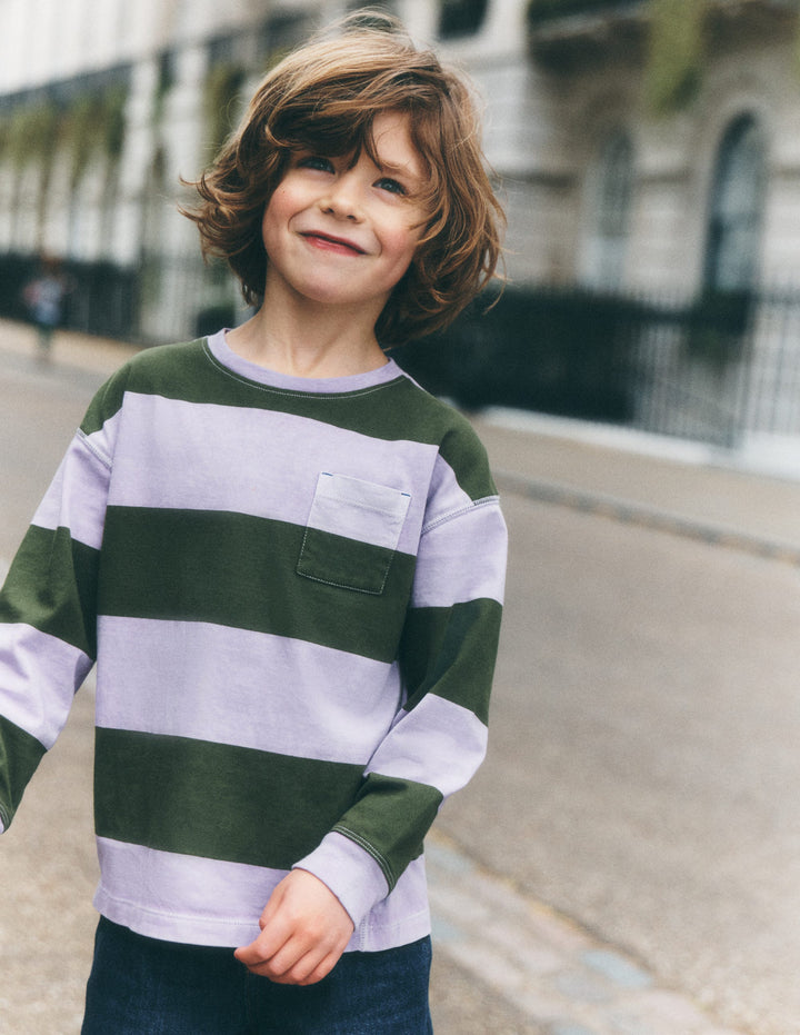 Stückgefärbtes Langarmshirt-Braunschweigisches Grün/Blumenmuster Lila