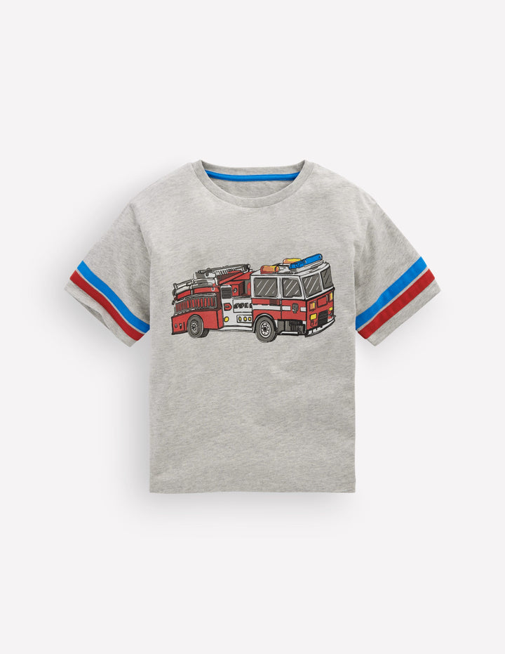 T-Shirt mit Color Blocking und Grafik-Grau Meliert Feuerwehrauto