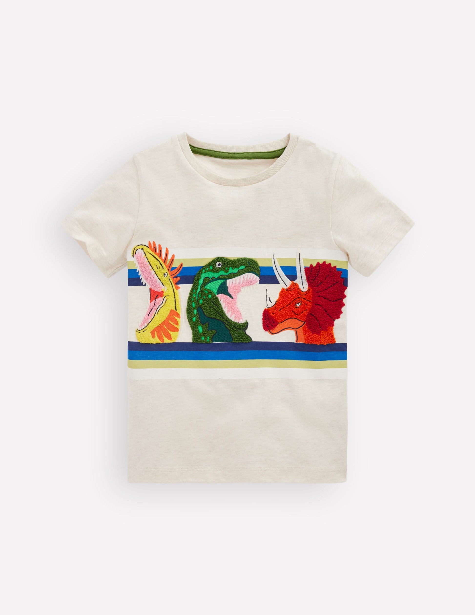 T-shirt manches courtes à appliqué-Rayé dinosaure avoine chiné-1