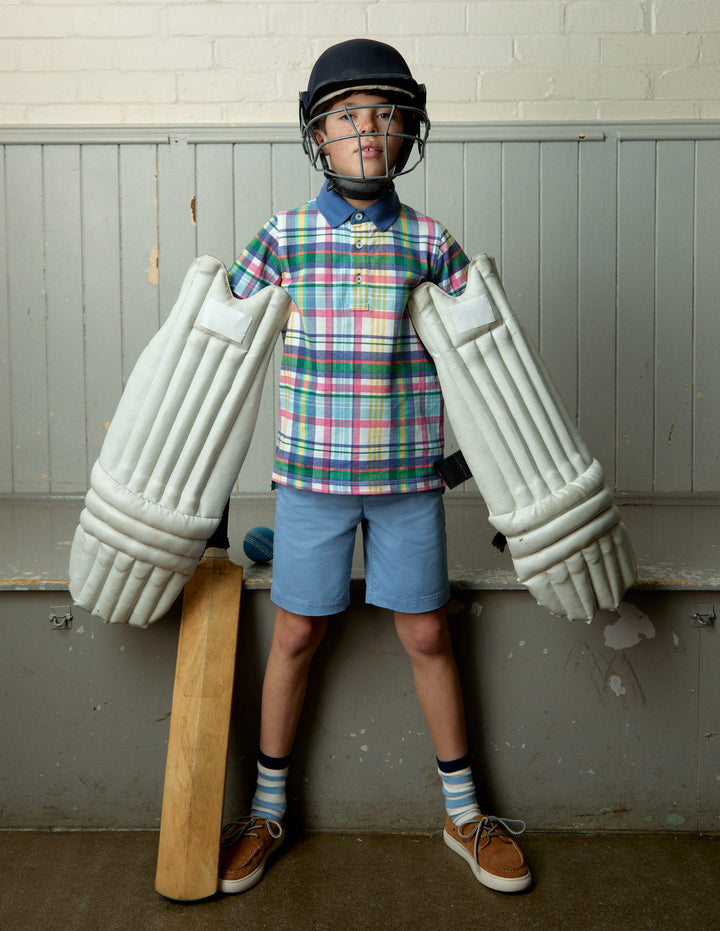 Piqué-Polohemd-Naturweiß, Rosa & Grüne Madras