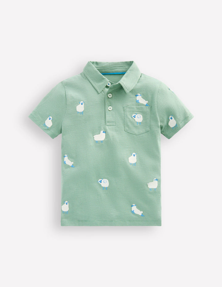 Besticktes Flammgarn-Polohemd-Grün, Schaf