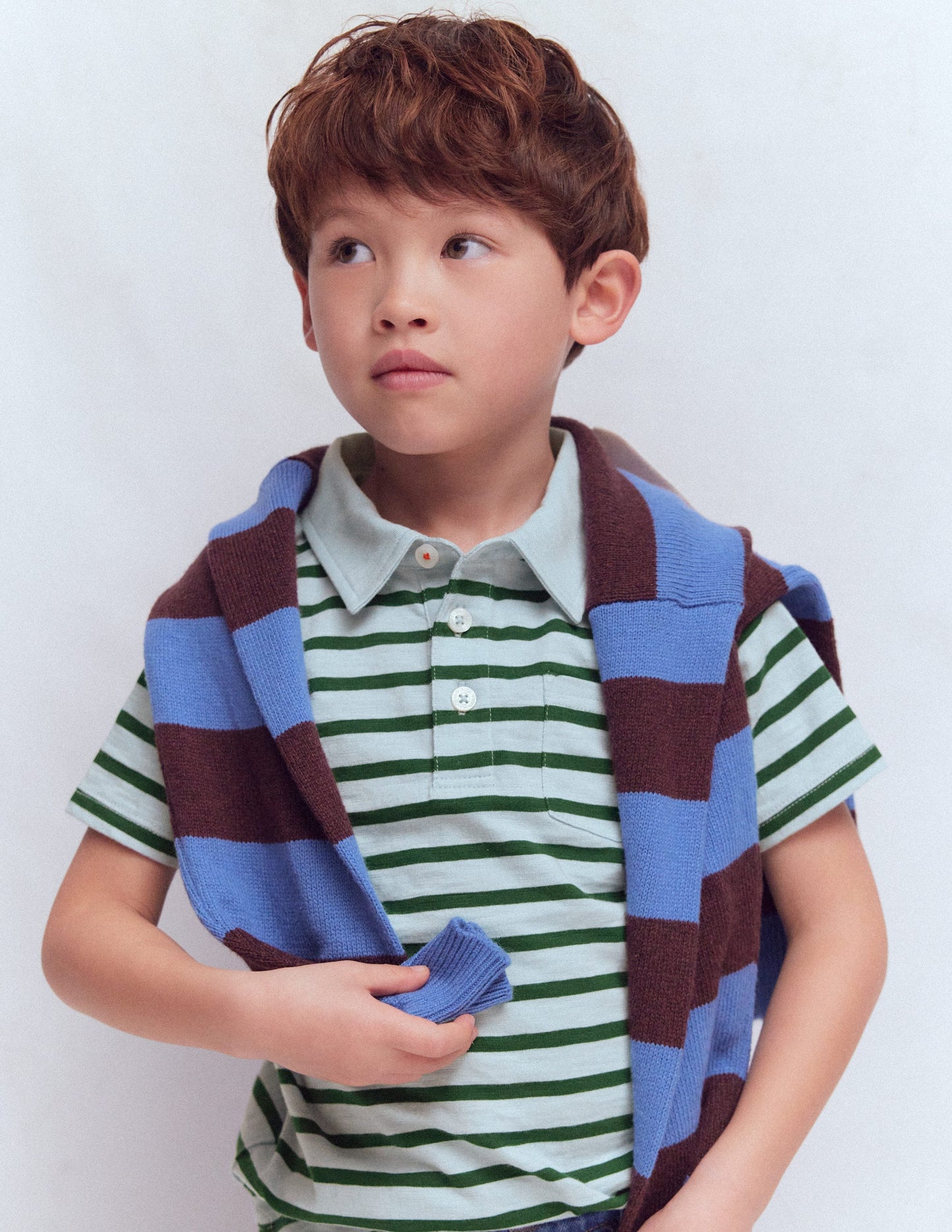 Flammgarn-Polohemd-Nebelblau/Kieferngrün