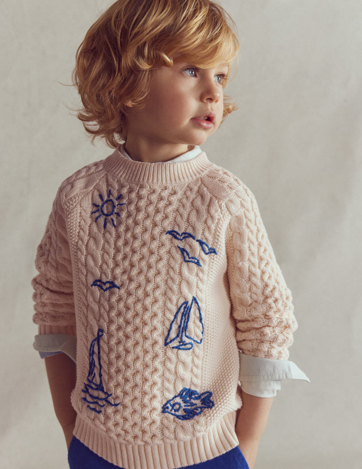 Pullover mit Zopfmuster und Stickerei-Warmes Naturweiß