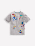 Lockeres T-Shirt mit Stickerei-Grau Meliert, Weltall