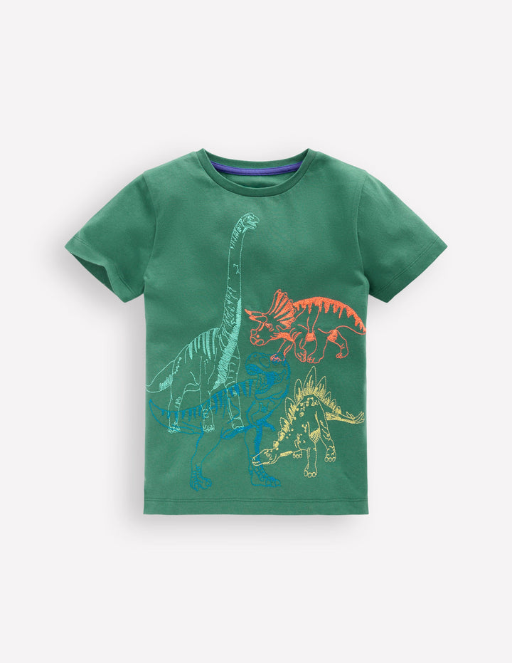 T-shirt à surpiqûres linéaires-Dinos vert épicéa
