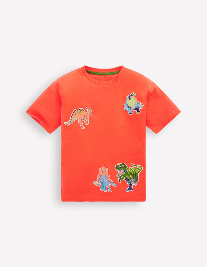 T-Shirt mit Aufnäher-Korallenorange Dinosaurier