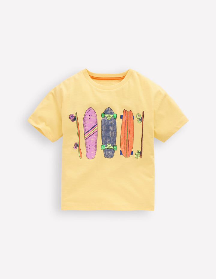 Vorgewaschenes T-Shirt mit Grafik-Verwaschenes Gelb Skateboards