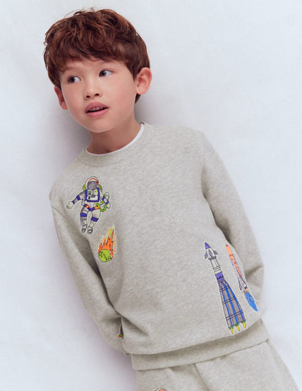 Sweatshirt mit Aufnäher-Grau Meliert, Weltall