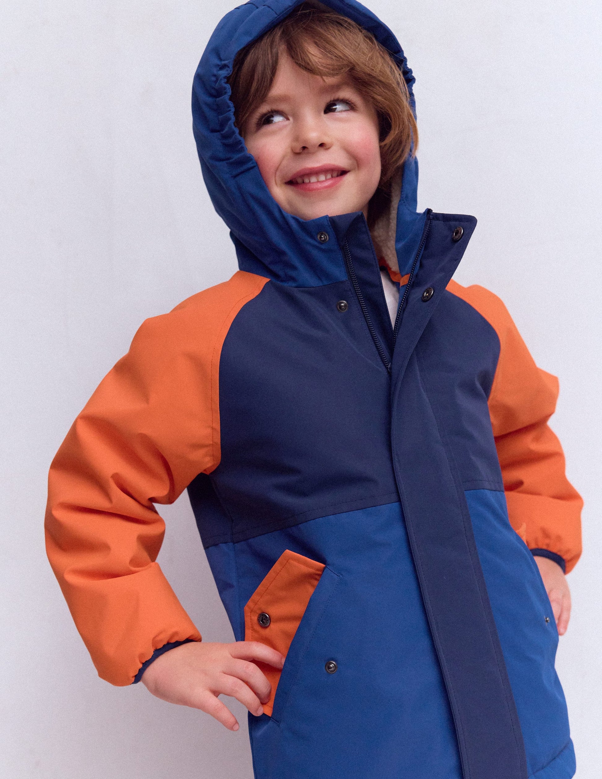 Anorak mit Teddyfutter für Jungen-Orange Blockfarben-3