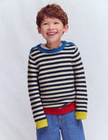 Grobstrickpullover-Marineblau Meliert und Beige Streifen