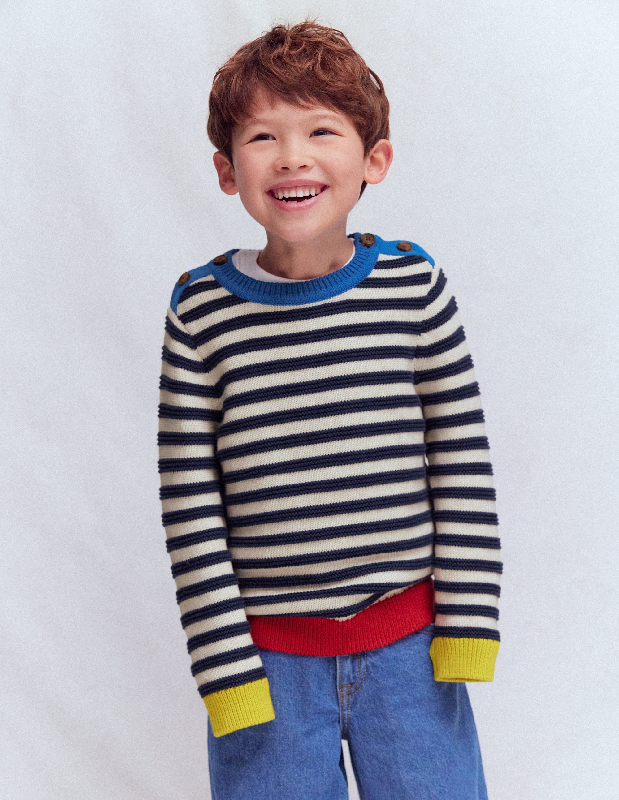 Grobstrickpullover-Marineblau Meliert und Beige Streifen - Image 1