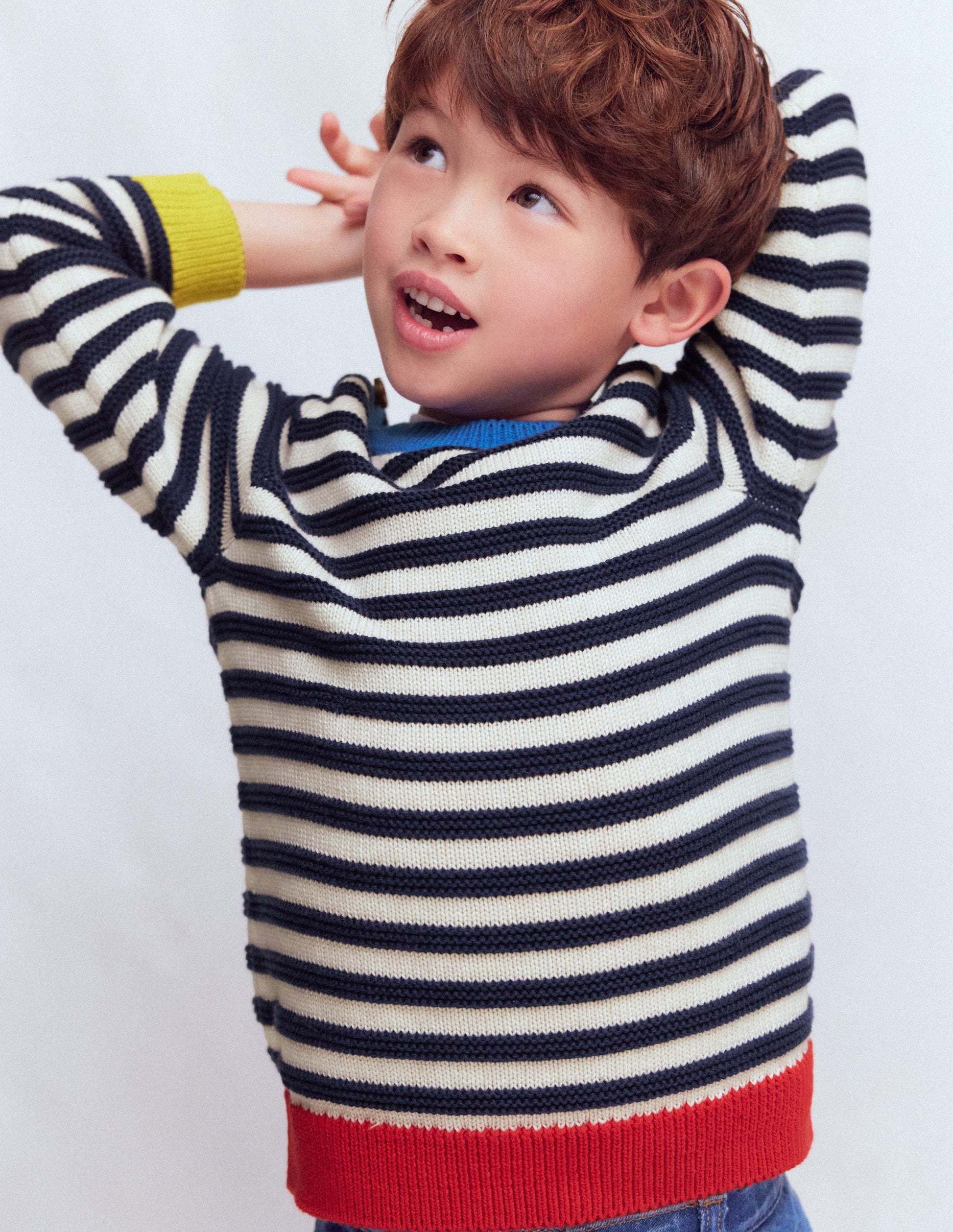 Grobstrickpullover-Marineblau Meliert und Beige Streifen-3