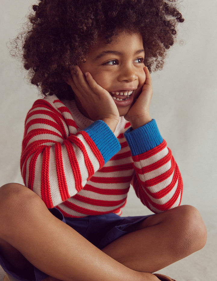 Grobstrickpullover-Knallrot/Beige Meliert Streifen