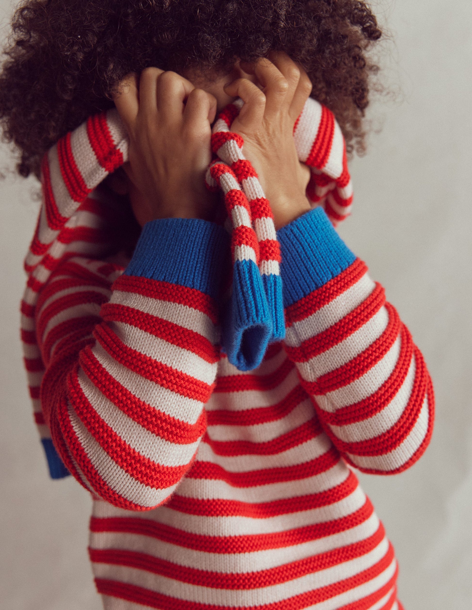 Grobstrickpullover-Knallrot/Beige Meliert Streifen-2