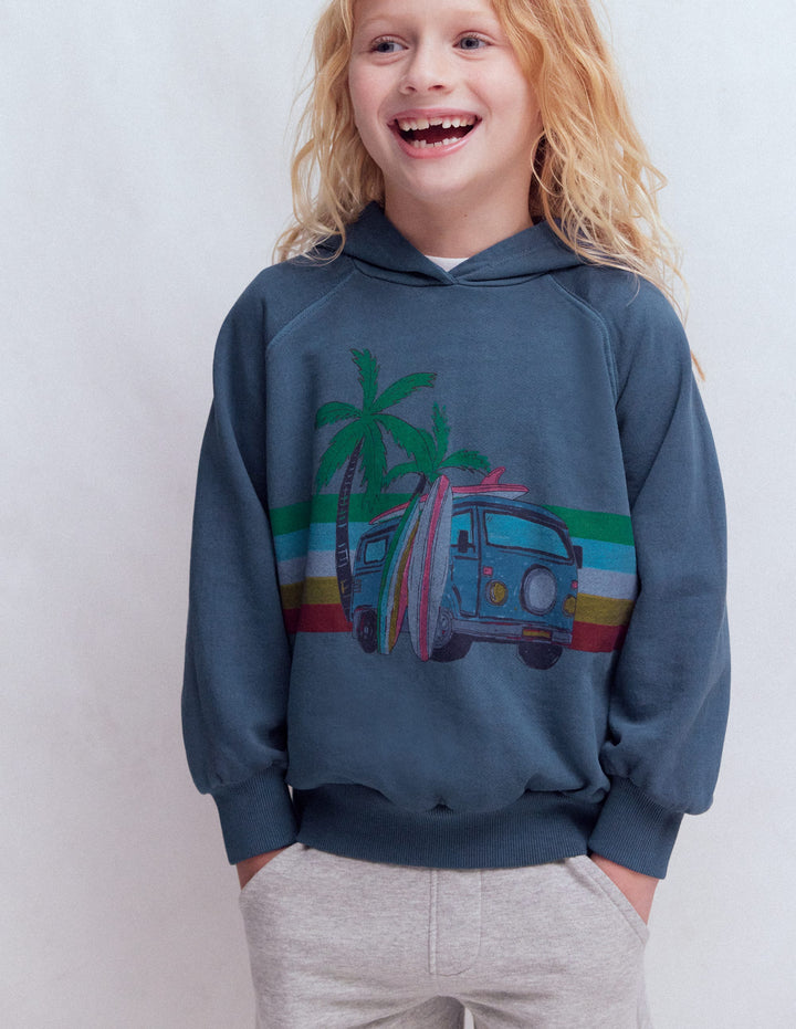 Stückgefärbter Grafik-Kapuzenpullover-Urlaubsmotiv mit Auto