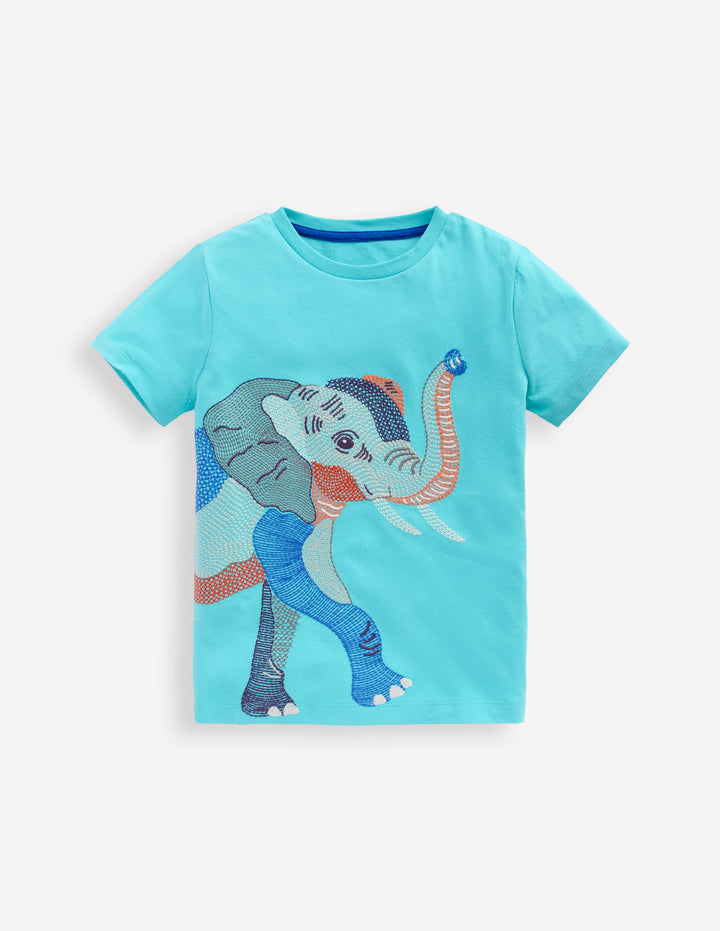 T-shirt à super surpiqûres-Éléphant bleu aigue-marine