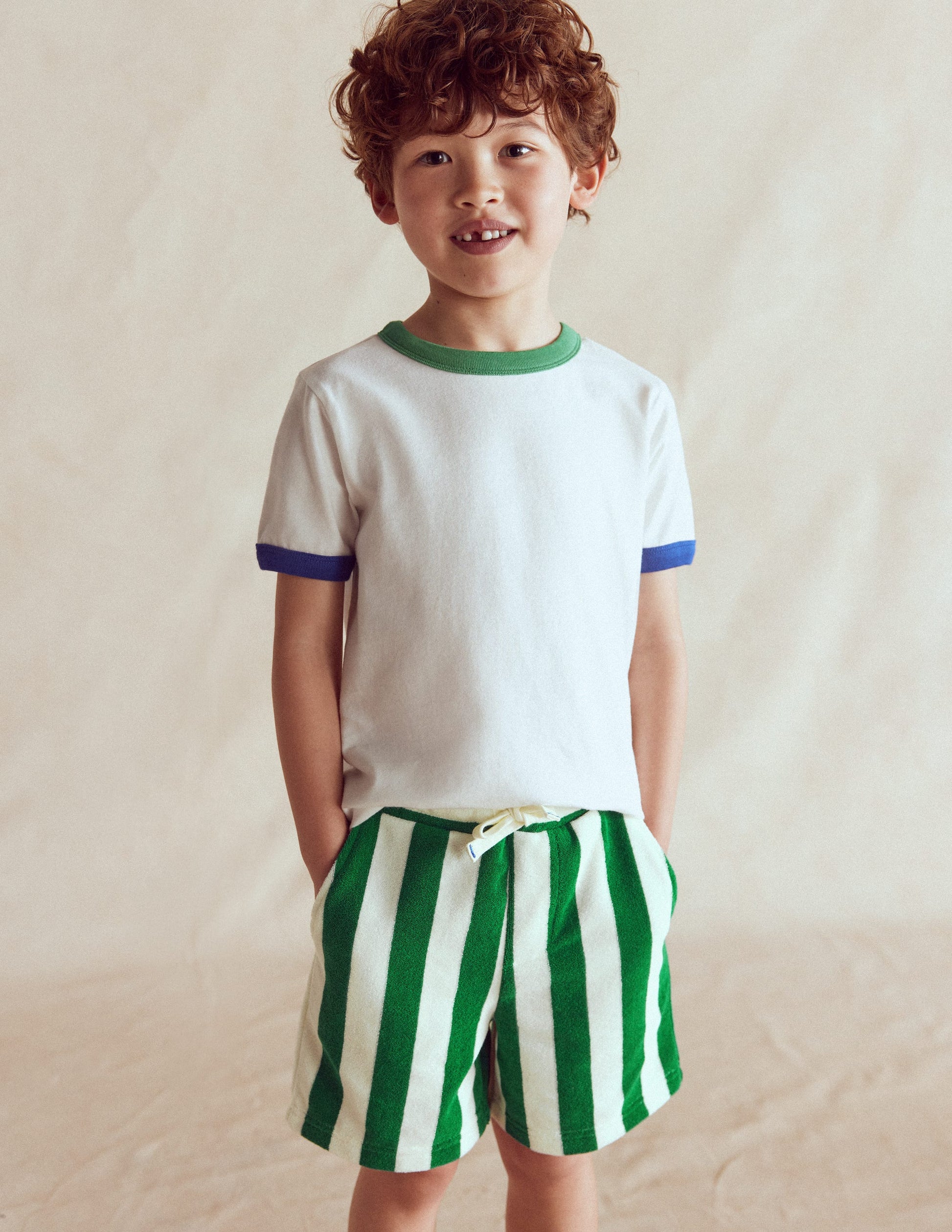 Frottee-Shorts-Grün und Naturweiß Streifen-1