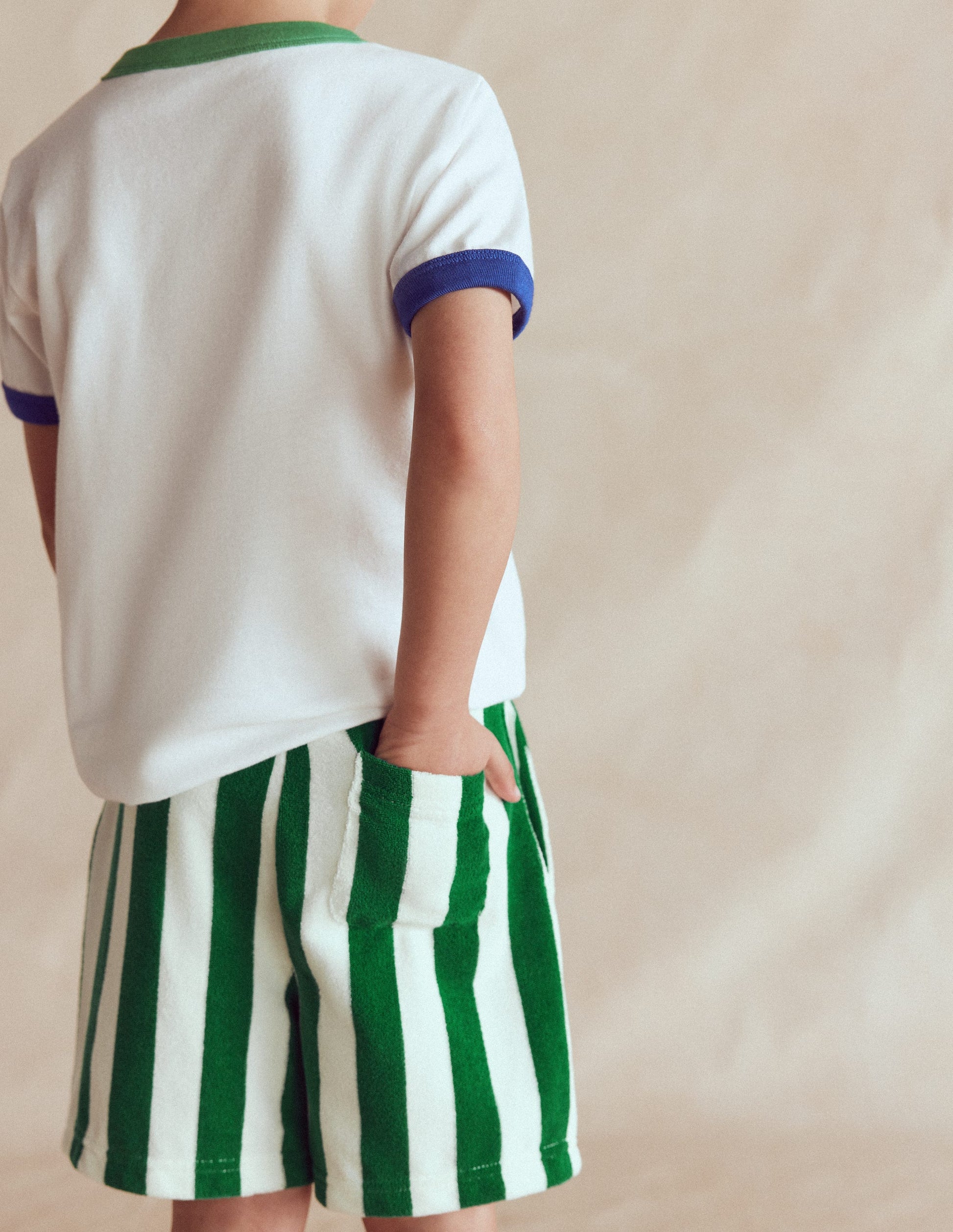 Frottee-Shorts-Grün und Naturweiß Streifen-2