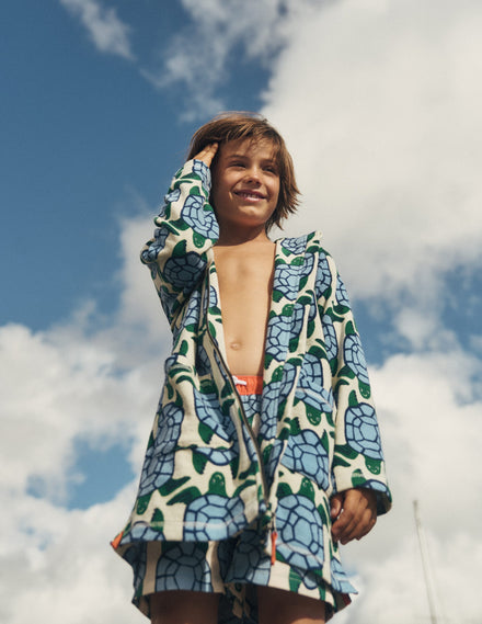 Poncho en éponge à fermeture zippée-Tortues blanc calicot