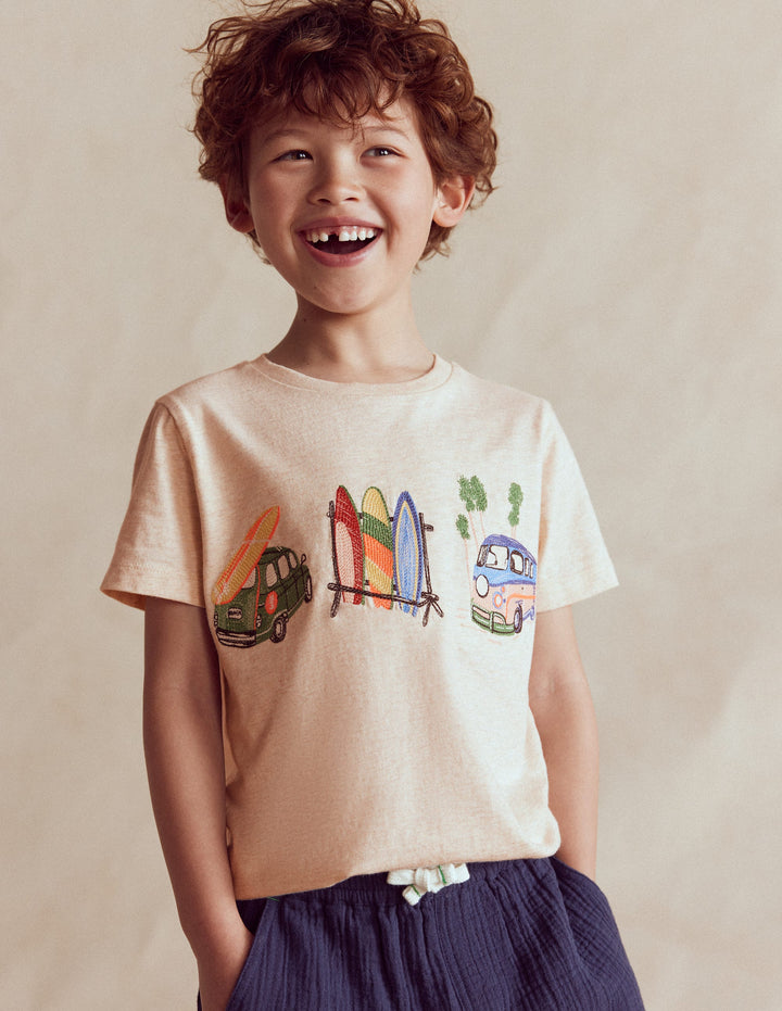 T-Shirt mit Linienstich-Haferbeige Meliert Urlaub