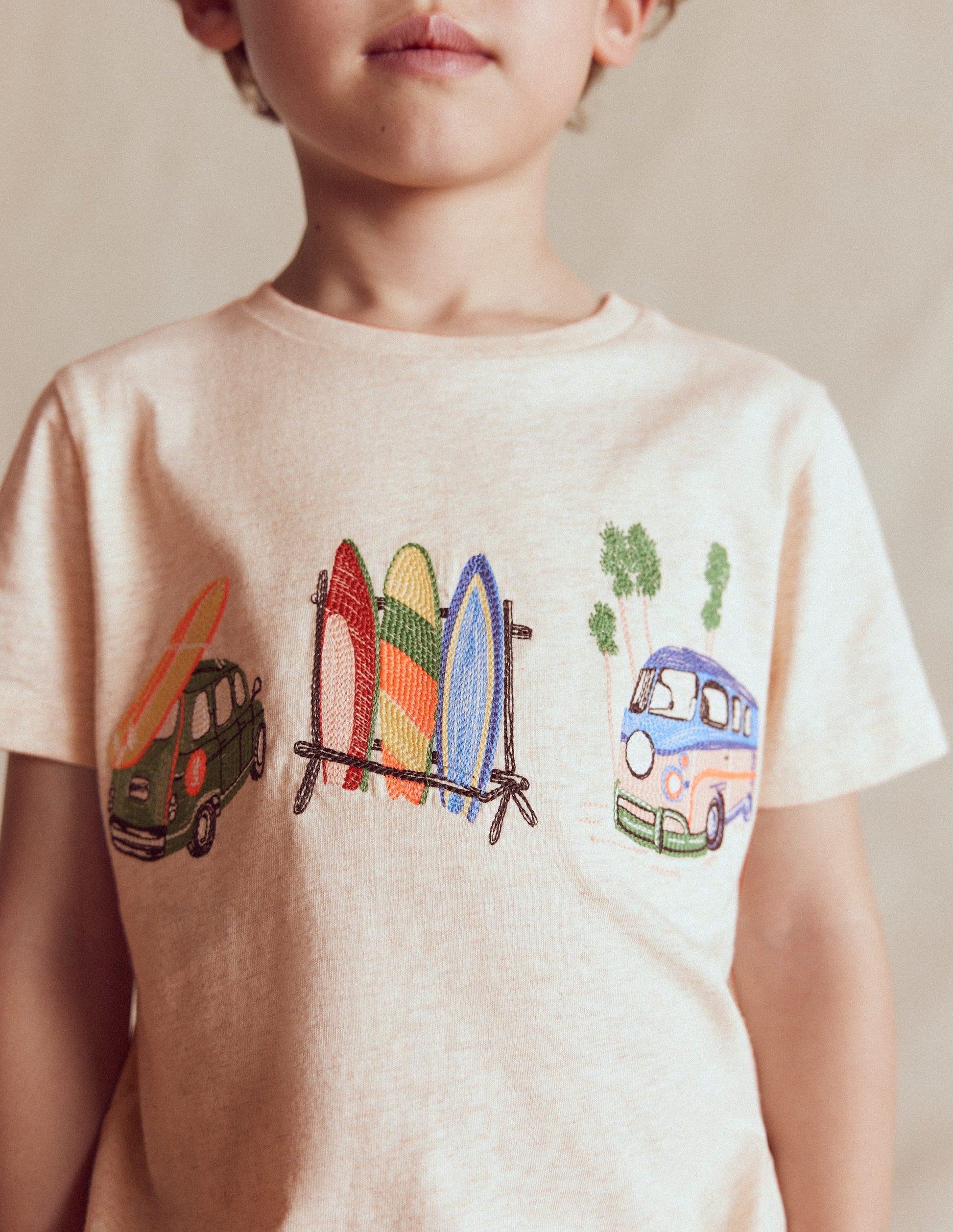 T-Shirt mit Linienstich-Haferbeige Meliert Urlaub-2