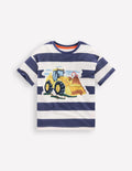 T-shirt à manches courtes et écussons-Pelleteuse rayé bleu marine universitaire