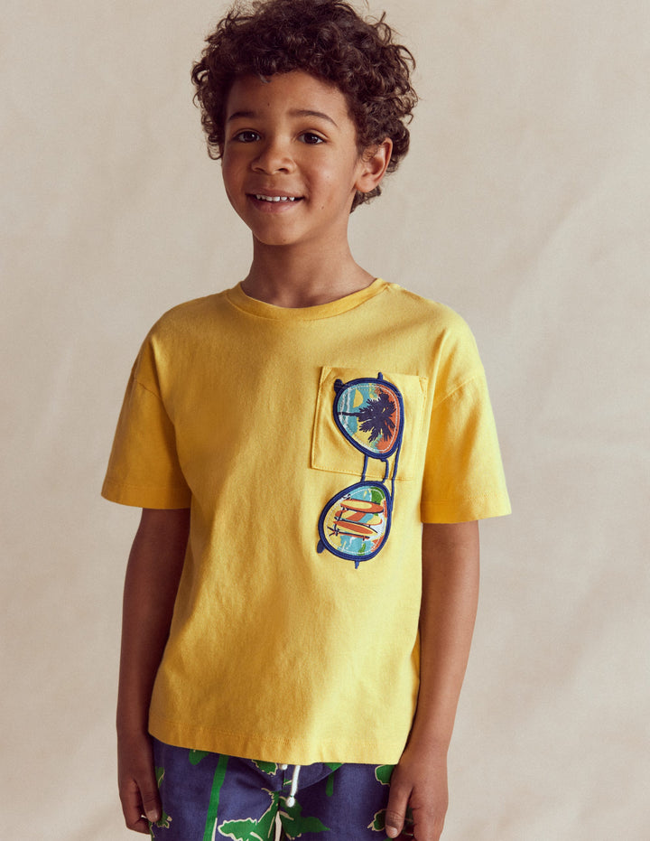Kurzärmliges T-Shirt mit Aufnäher-Sommerkleid Urlaub Sonnenbrille