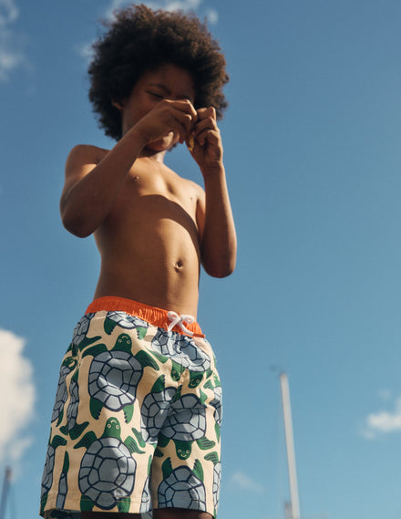 Short de bain-Motif géométrique tortues blanc calicot