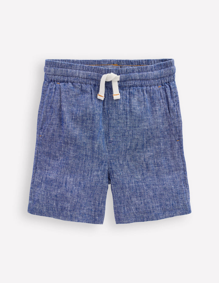Shorts aus Baumwollleinen-Blauer Faux-Uni
