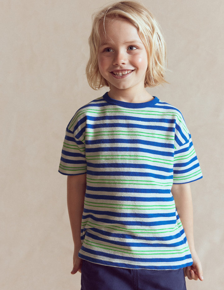 Texturiertes, gestreiftes T-Shirt-Sanftes Naturweiß/Blau/Grün