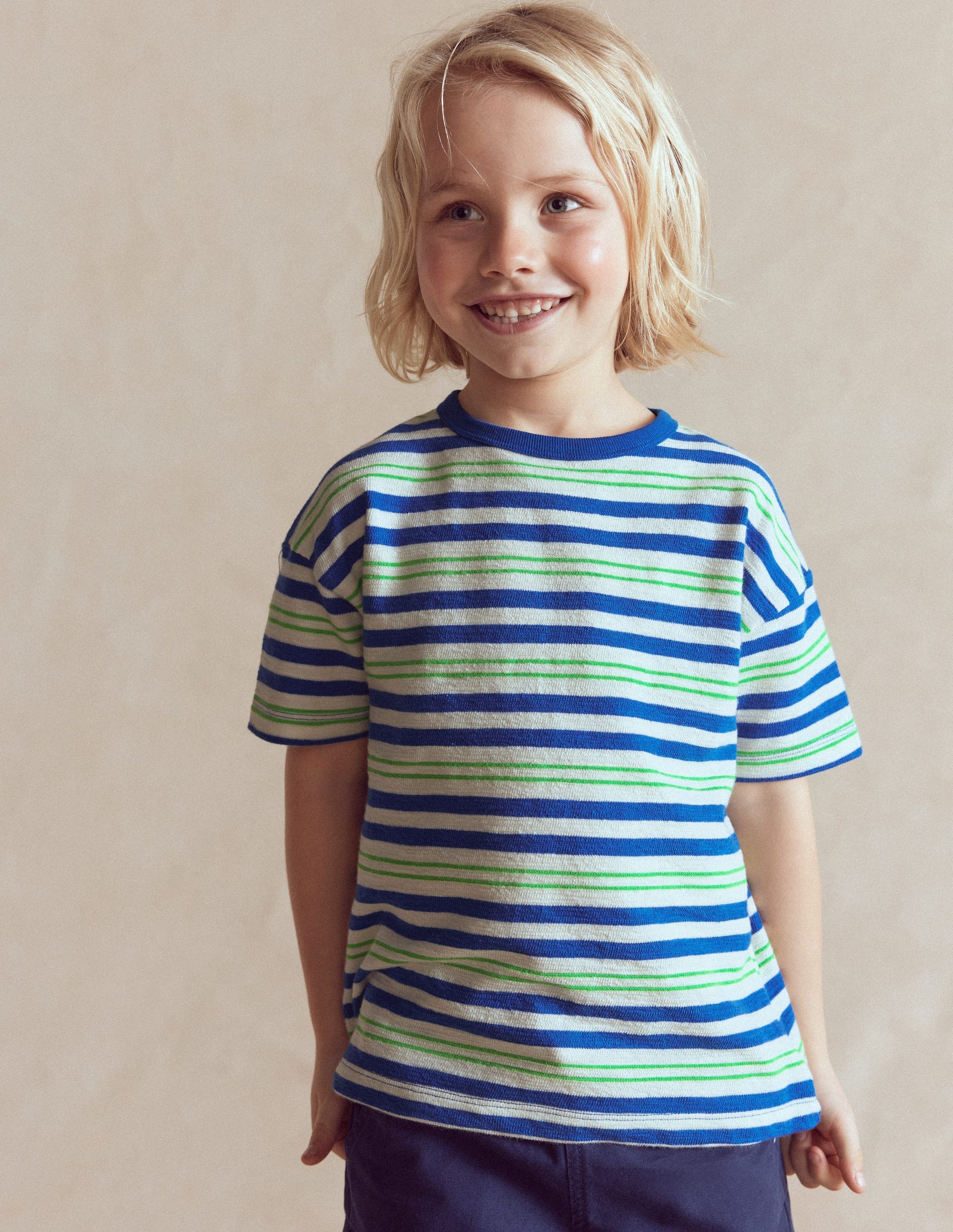 Texturiertes, gestreiftes T-Shirt-Naturweiß, Directoire, Grün-1