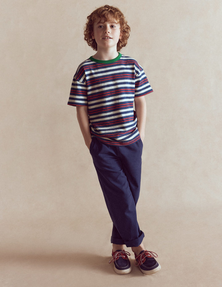 Texturiertes, gestreiftes T-Shirt-Denim-Blau/Marmeladenrot